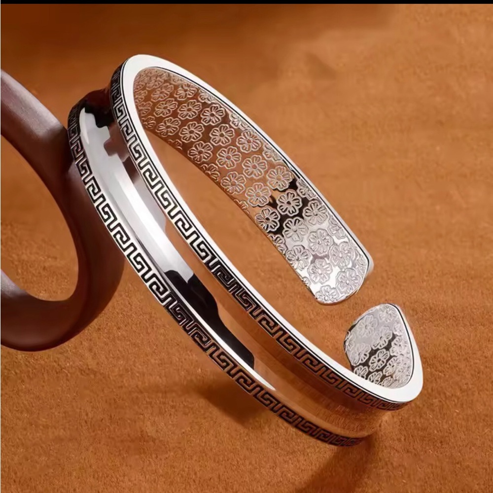 Sterling Silver Floral Engraved Open Cuff Bracelet